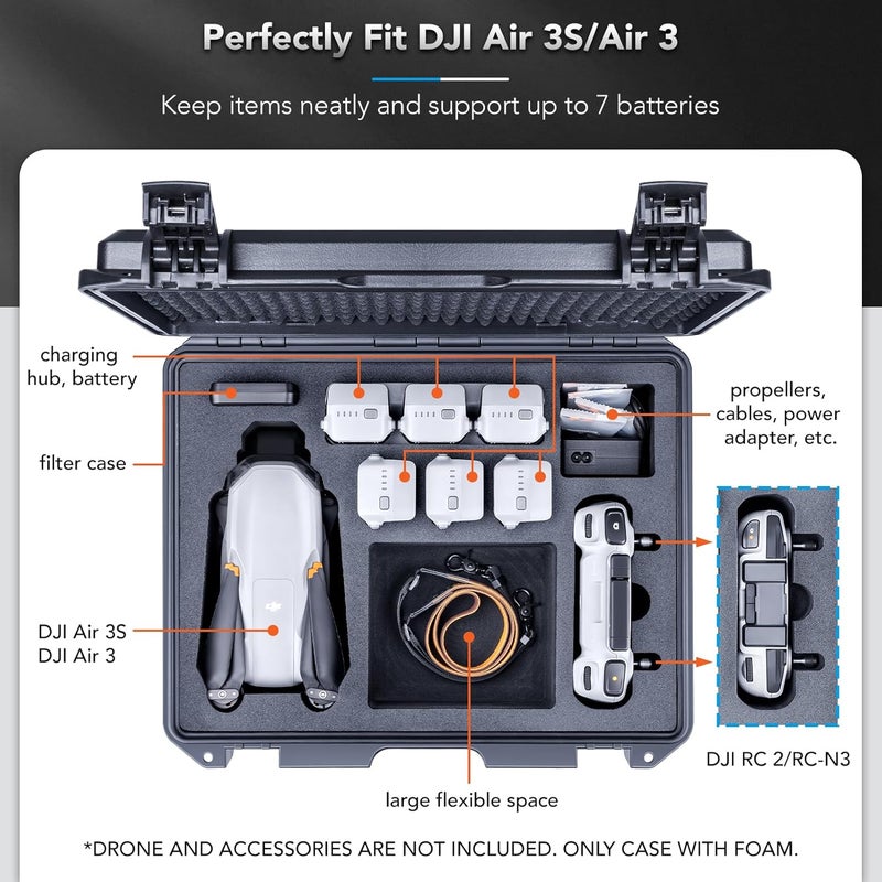 Lykus حقيبة صلبة مقاومة للماء Titan MA320 لـ DJI Air 3S/Air 3، DJI RC2/RC-N3، مساحة مرنة كبيرة، تصل إلى 7 بطاريات [حقيبة فقط] - Image 2